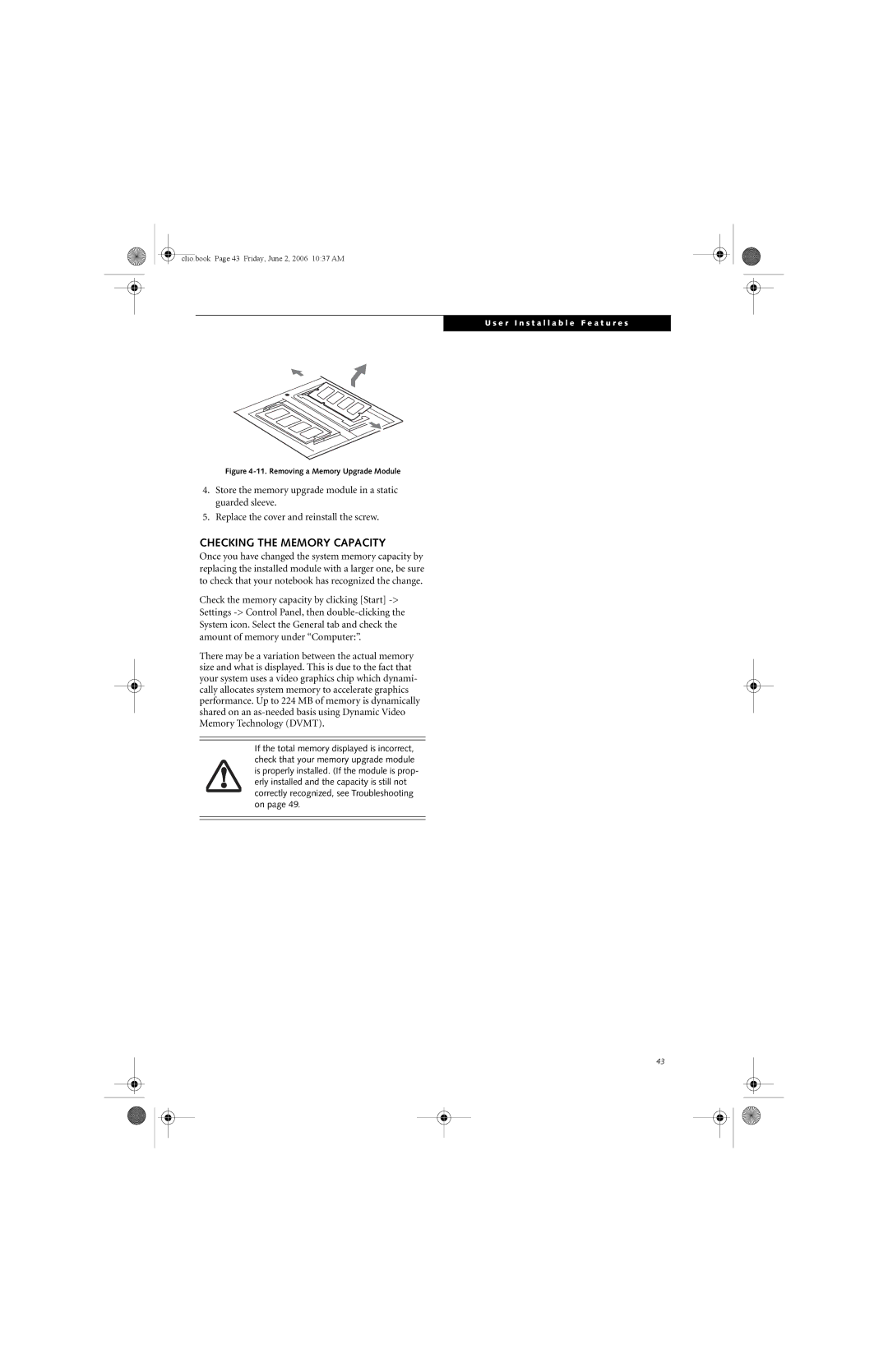 Fujitsu C1410 manual Checking the Memory Capacity, Removing a Memory Upgrade Module 