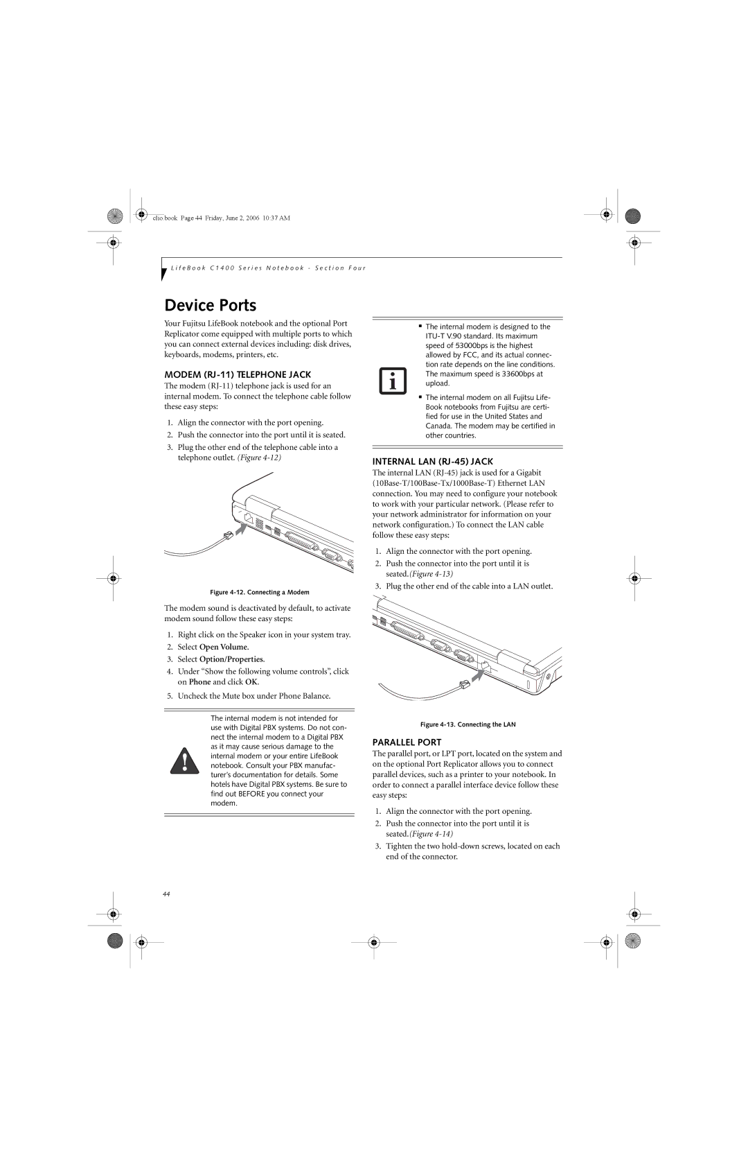 Fujitsu C1410 manual Device Ports, Modem RJ-11 Telephone Jack, Internal LAN RJ-45 Jack, Parallel Port 