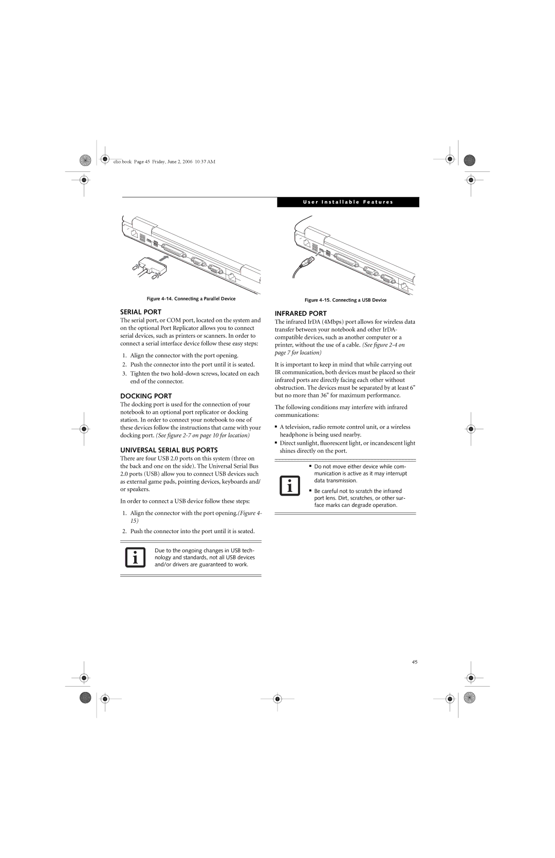 Fujitsu C1410 manual Serial Port, Docking Port, Universal Serial BUS Ports, Infrared Port 
