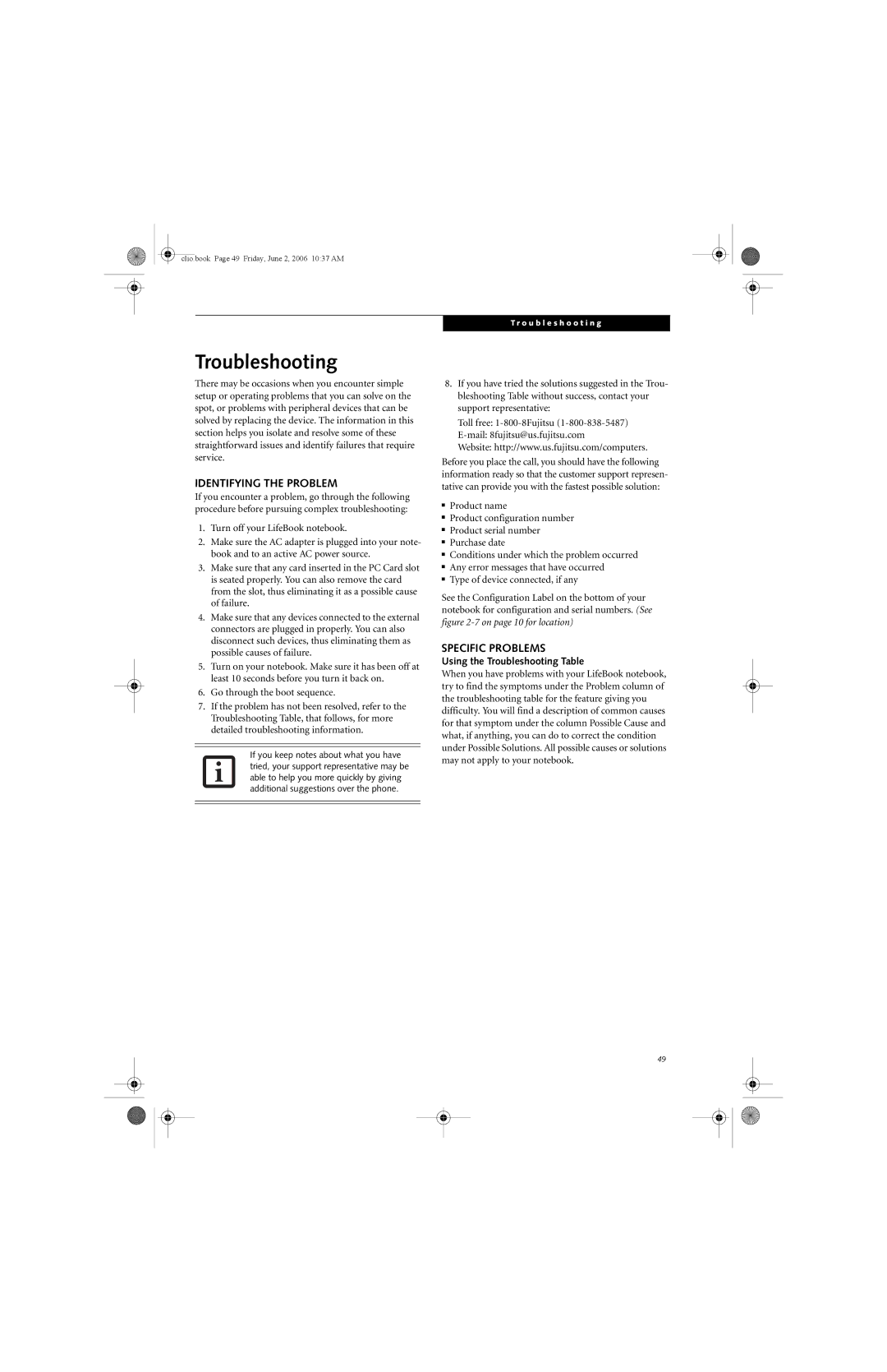 Fujitsu C1410 manual Identifying the Problem, Specific Problems, Using the Troubleshooting Table 