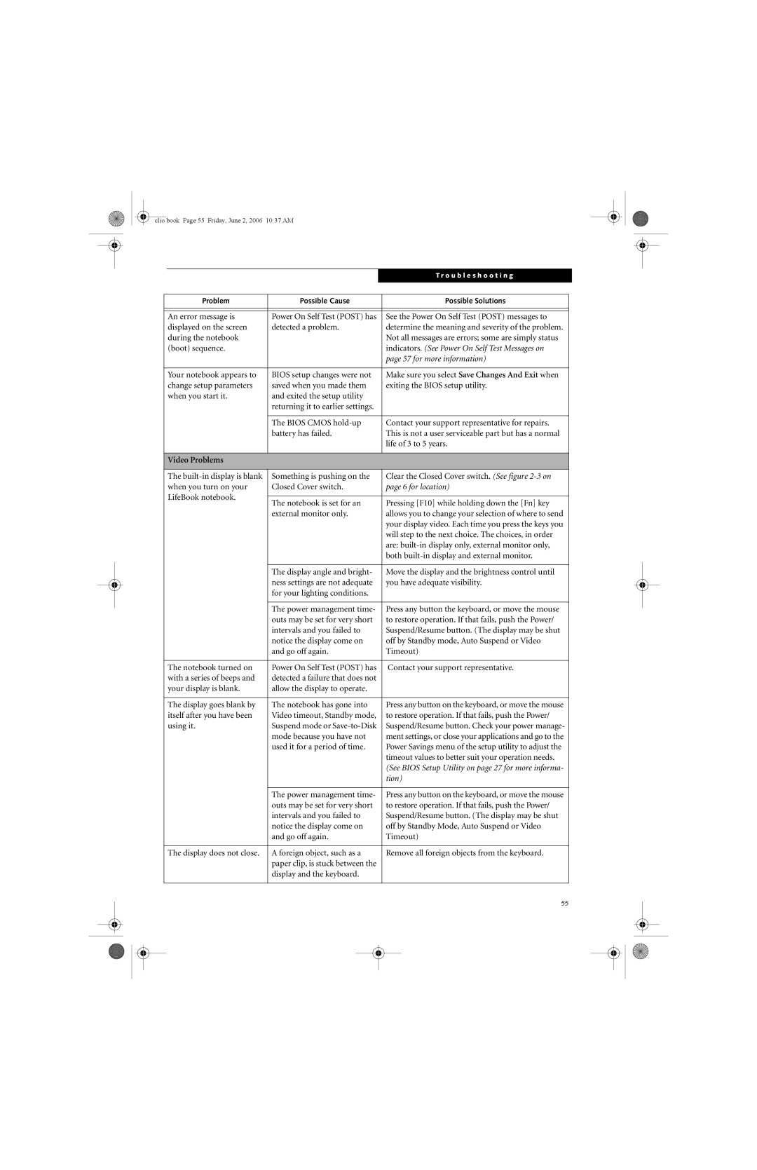 Fujitsu C1410 manual An error message is, Your notebook appears to Bios setup changes were not, Video Problems 