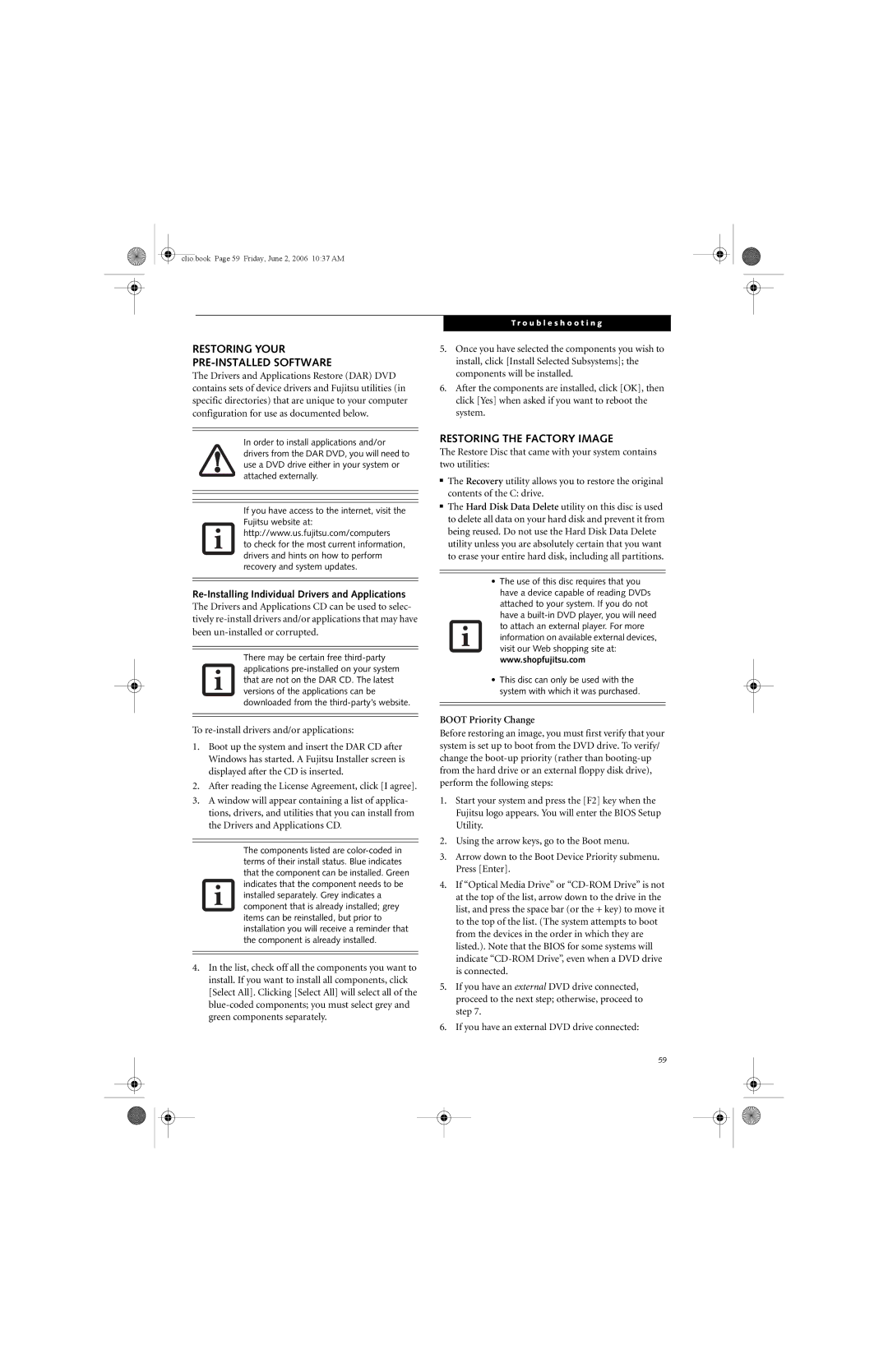 Fujitsu C1410 manual Restoring Your PRE-INSTALLED Software, Restoring the Factory Image, Boot Priority Change 