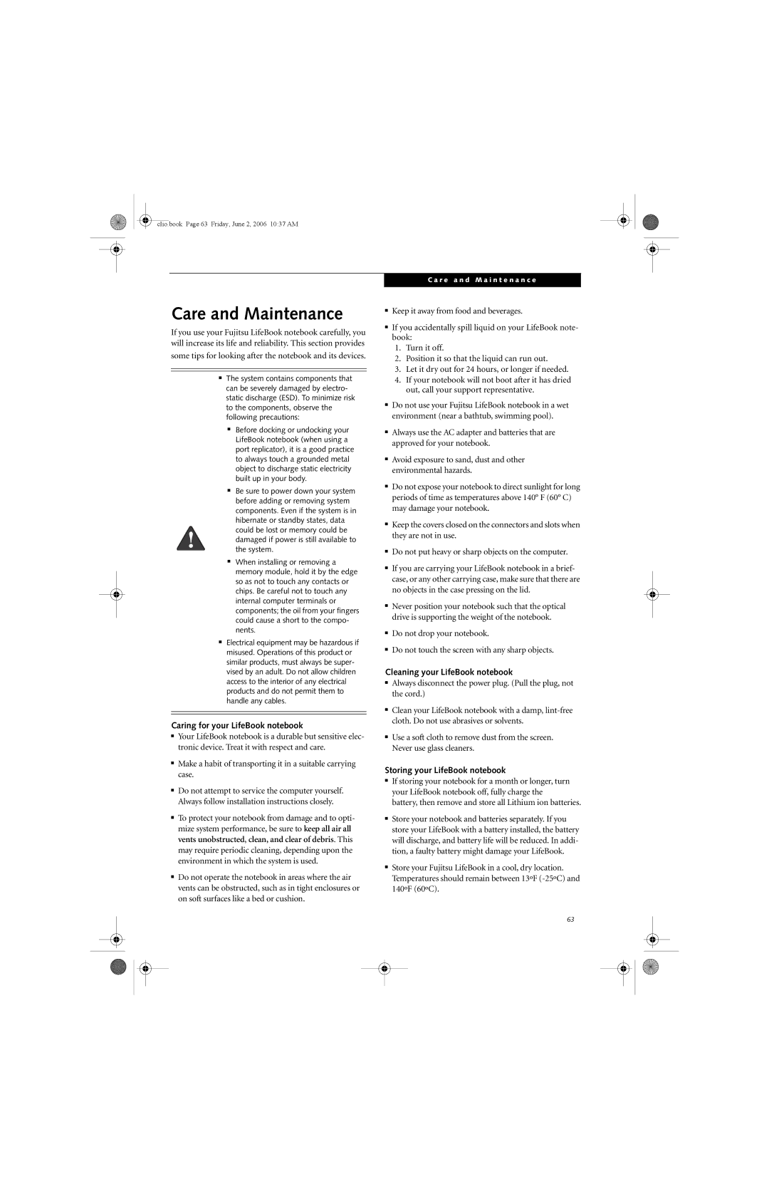 Fujitsu C1410 manual Care and Maintenance, Some tips for looking after the notebook and its devices 