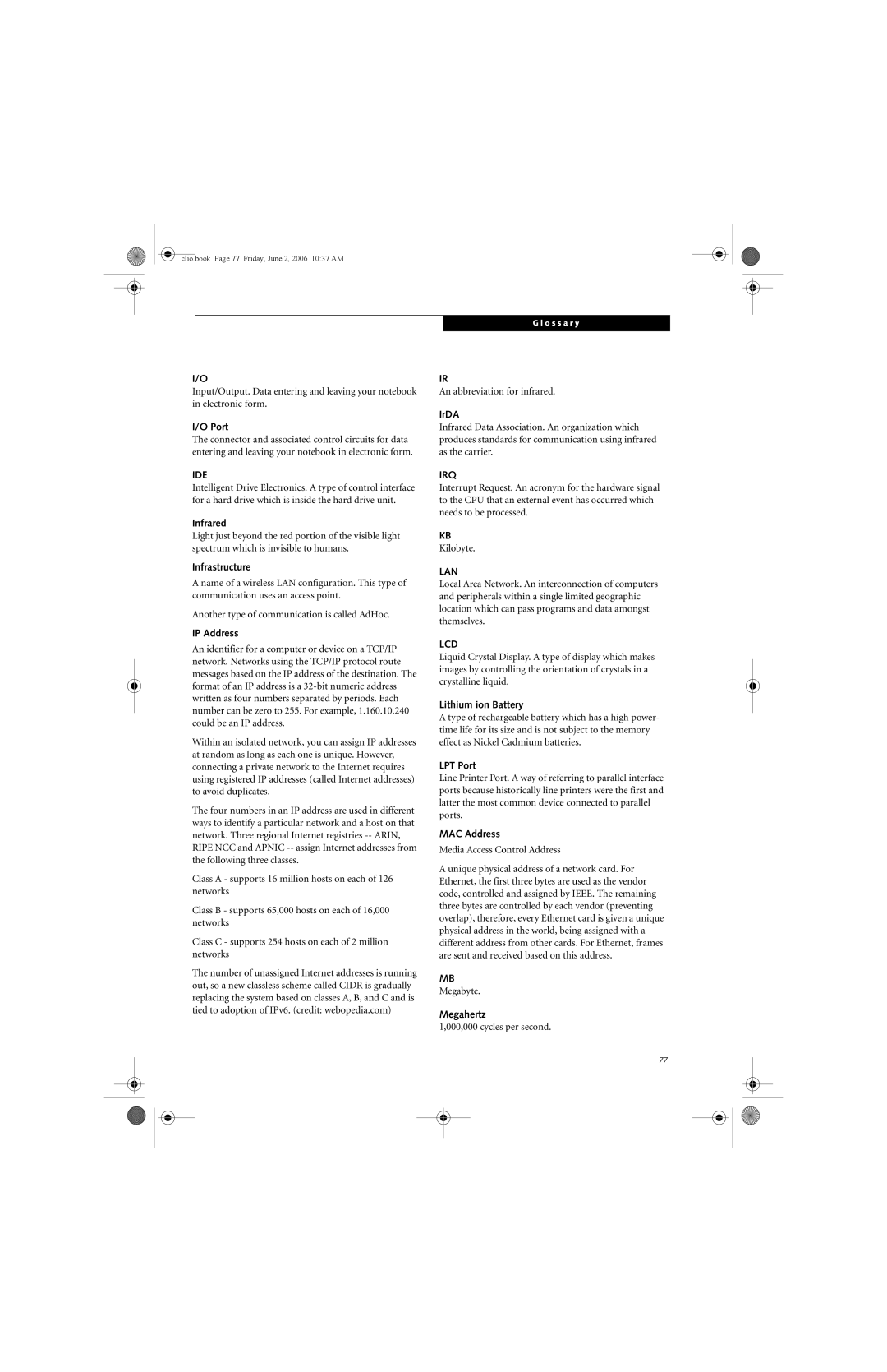 Fujitsu C1410 manual Infrared, Infrastructure, IP Address, IrDA, Lithium ion Battery, LPT Port, MAC Address, Megahertz 