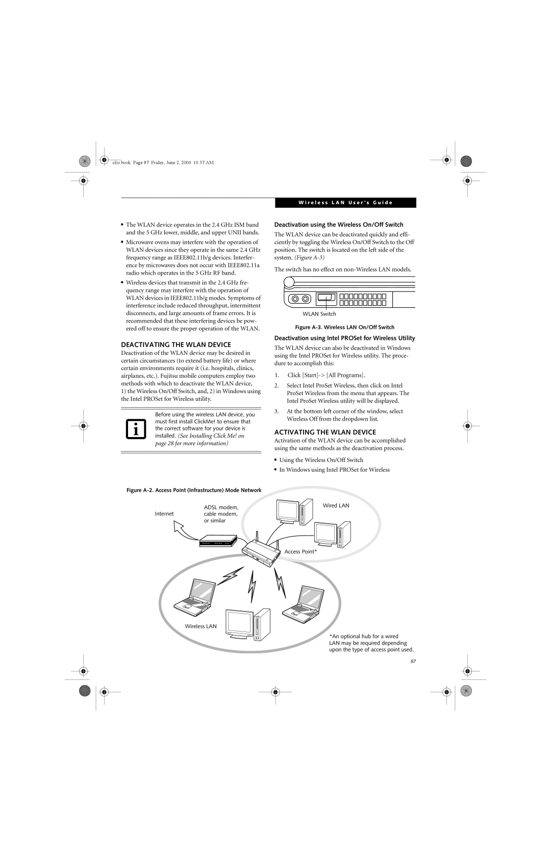 Fujitsu C1410 Deactivating the Wlan Device, Activating the Wlan Device, Deactivation using the Wireless On/Off Switch 