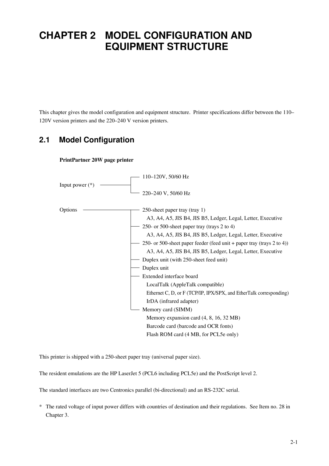 Fujitsu C145-C037-01EN manual Model Configuration, PrintPartner 20W page printer 