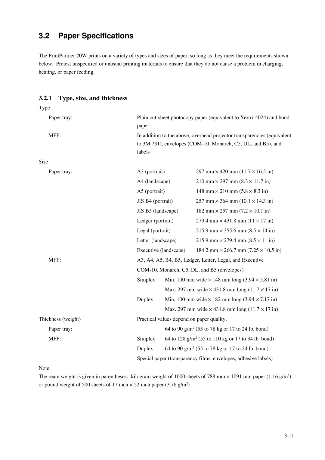 Fujitsu C145-C037-01EN manual Paper Specifications, Type, size, and thickness, Mff 