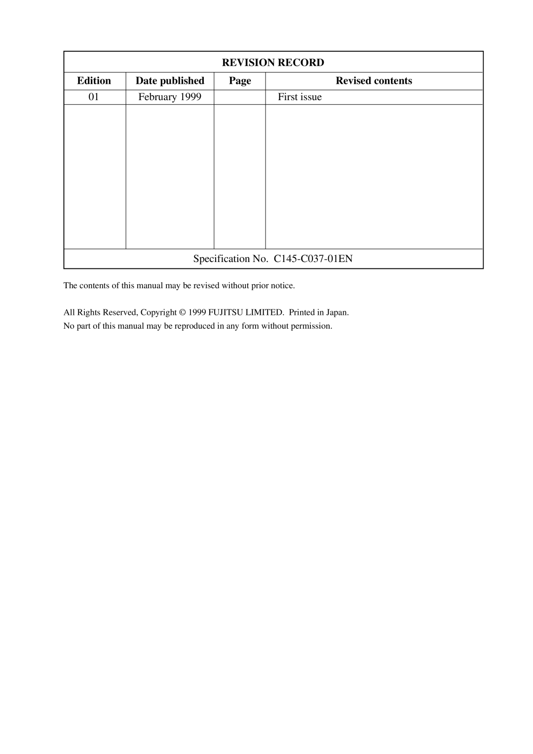 Fujitsu C145-C037-01EN manual Revision Record 