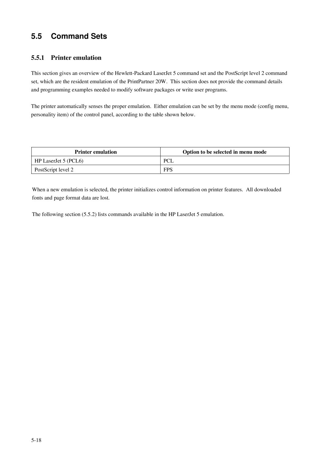 Fujitsu C145-C037-01EN manual Command Sets, Printer emulation Option to be selected in menu mode, Fps 