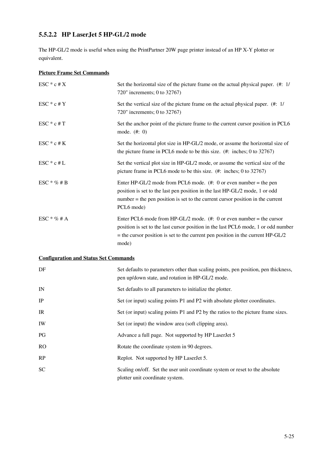 Fujitsu C145-C037-01EN manual HP LaserJet 5 HP-GL/2 mode, Picture Frame Set Commands, Configuration and Status Set Commands 