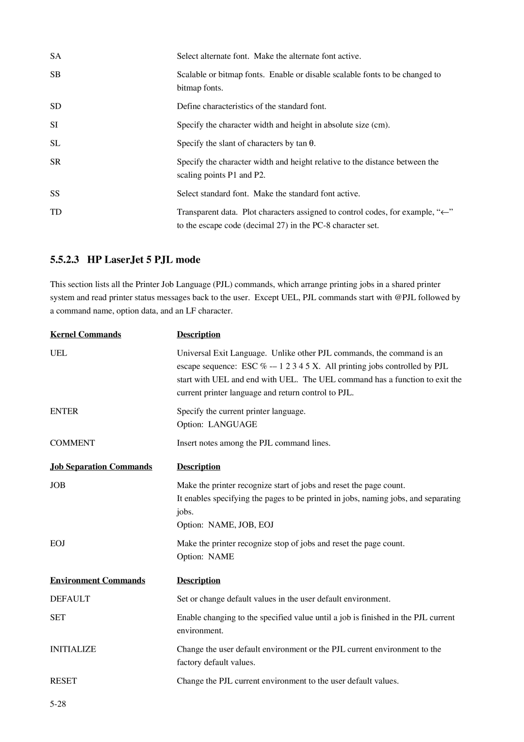 Fujitsu C145-C037-01EN manual HP LaserJet 5 PJL mode, Kernel Commands Description, Job Separation Commands Description 