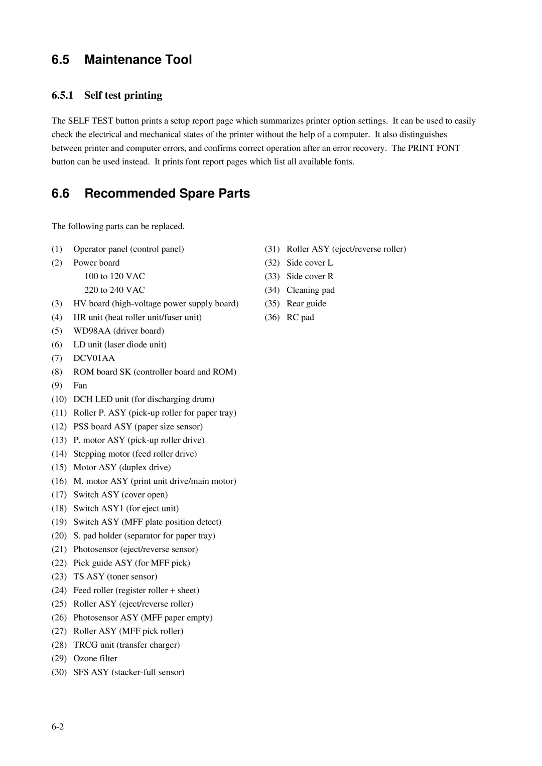 Fujitsu C145-C037-01EN manual Maintenance Tool, Recommended Spare Parts, Self test printing 