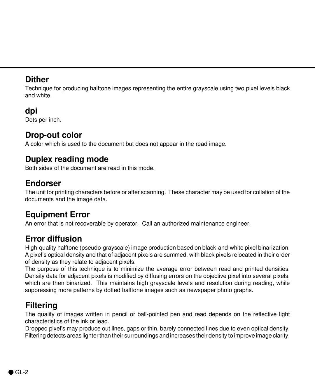 Fujitsu C150-E141-02EN manual Dither, Dpi, Duplex reading mode, Endorser, Equipment Error, Error diffusion, Filtering 