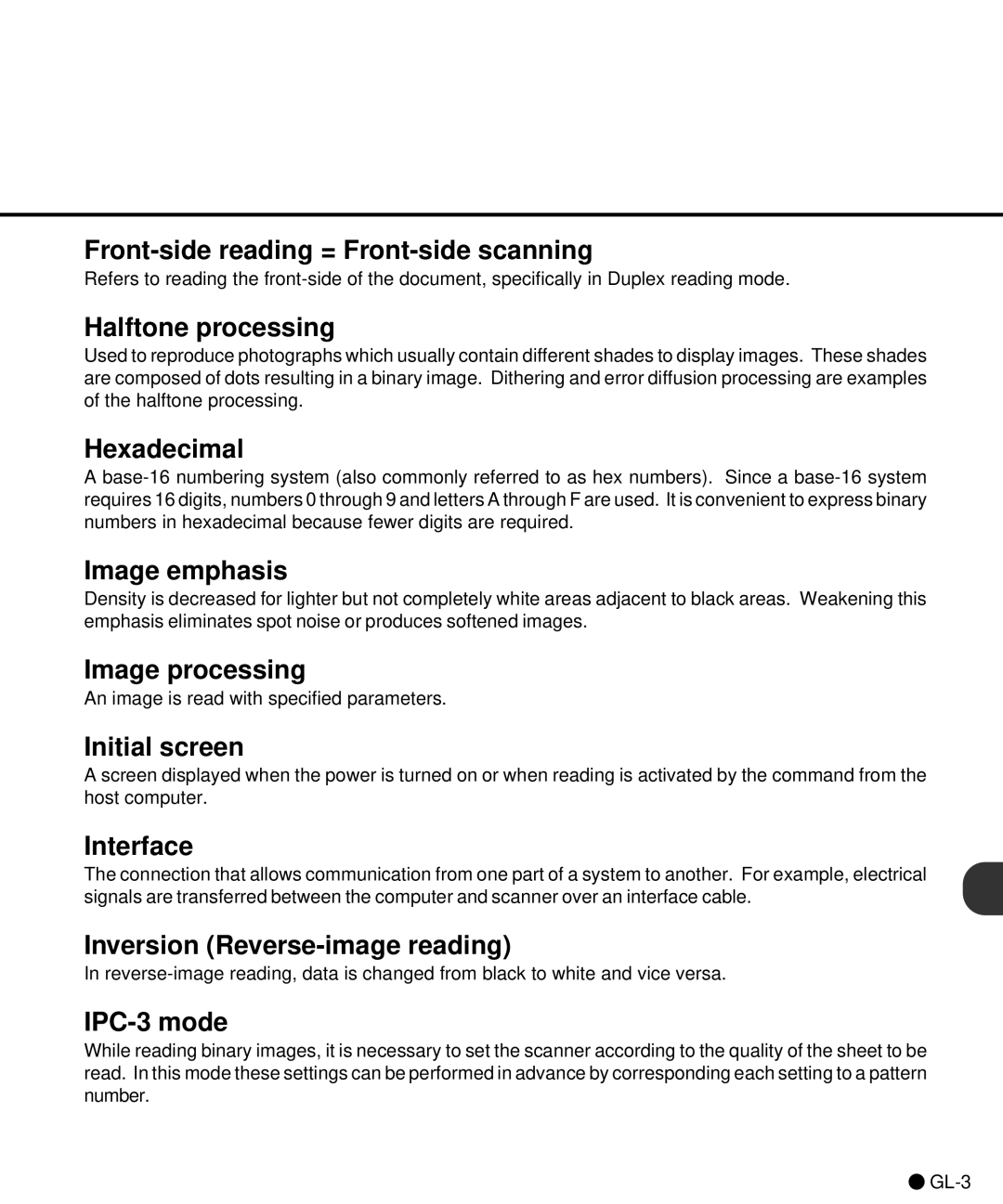 Fujitsu C150-E141-02EN manual Front-side reading = Front-side scanning, Halftone processing, Hexadecimal, Image emphasis 