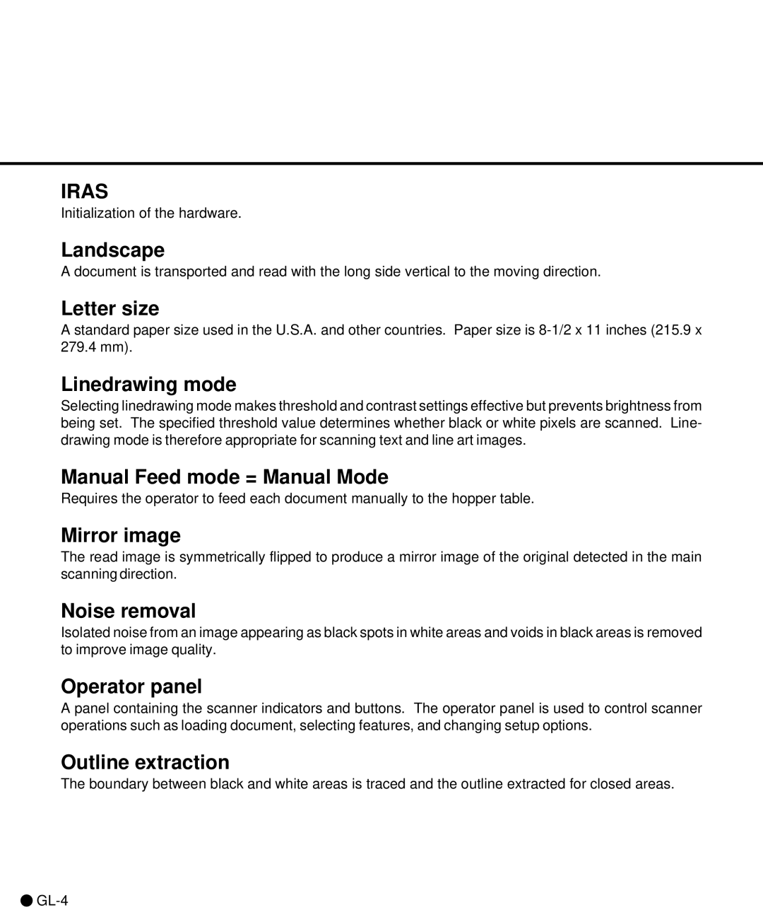 Fujitsu C150-E141-02EN manual Landscape, Letter size, Linedrawing mode, Manual Feed mode = Manual Mode, Mirror image 