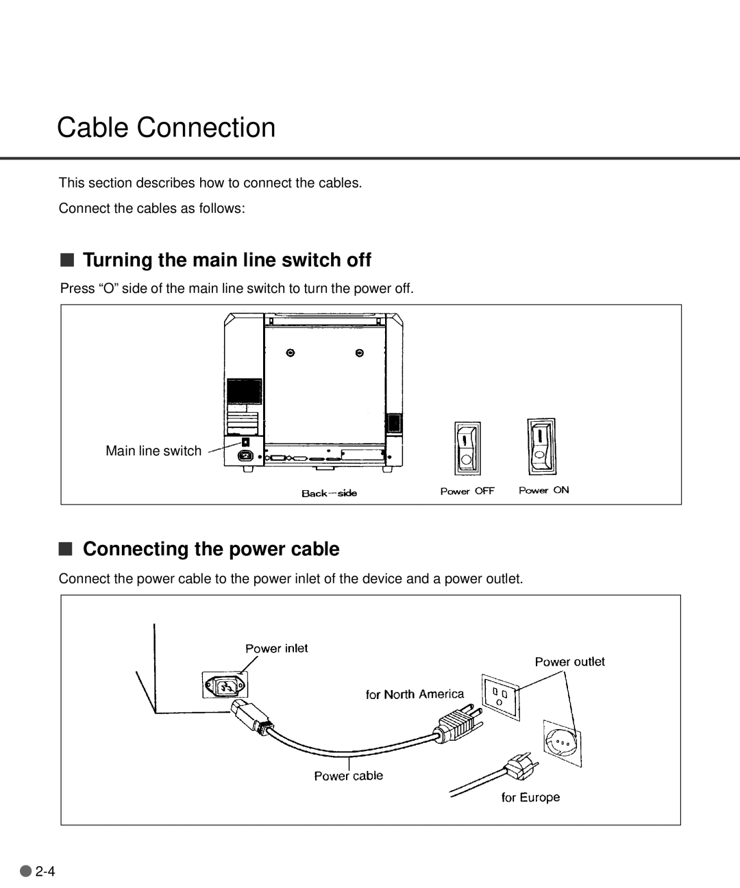 Fujitsu C150-E141-02EN manual Cable Connection, Turning the main line switch off, Connecting the power cable 