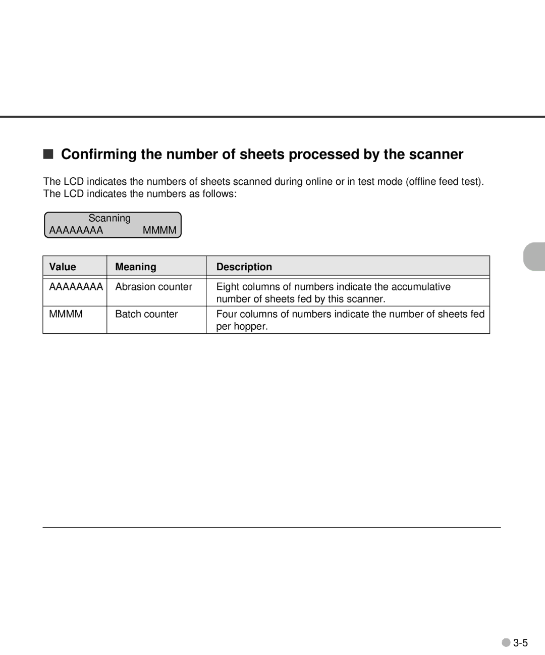 Fujitsu C150-E141-02EN manual Confirming the number of sheets processed by the scanner, Value Meaning Description 