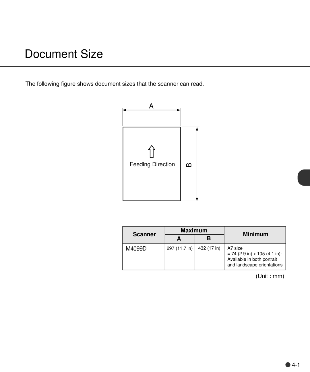 Fujitsu C150-E141-02EN manual Document Size, Scanner Maximum Minimum M4099D 