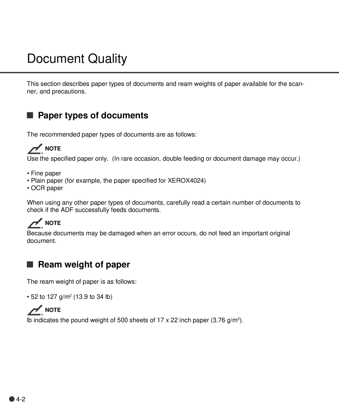 Fujitsu C150-E141-02EN manual Document Quality, Paper types of documents, Ream weight of paper 