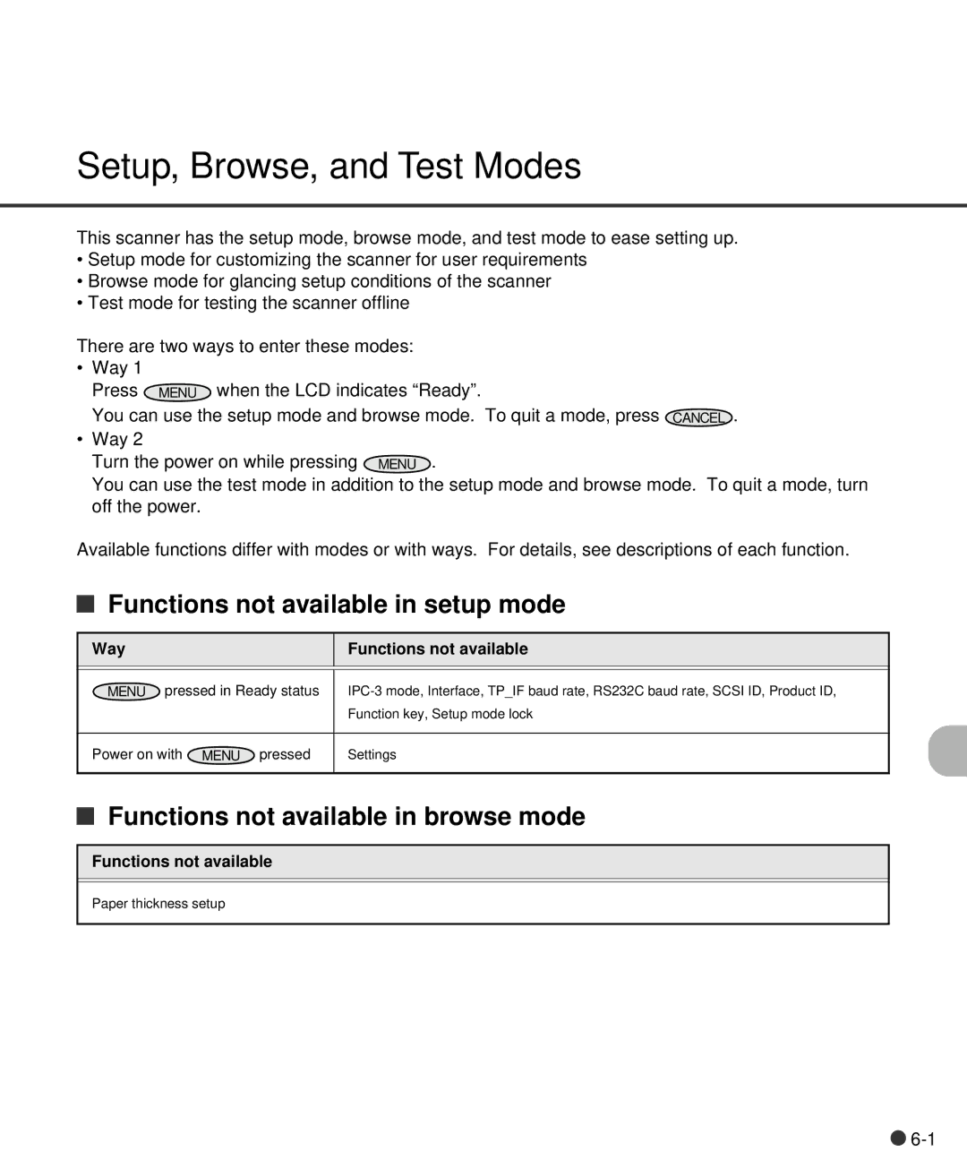 Fujitsu C150-E141-02EN manual Setup, Browse, and Test Modes, Functions not available in setup mode 