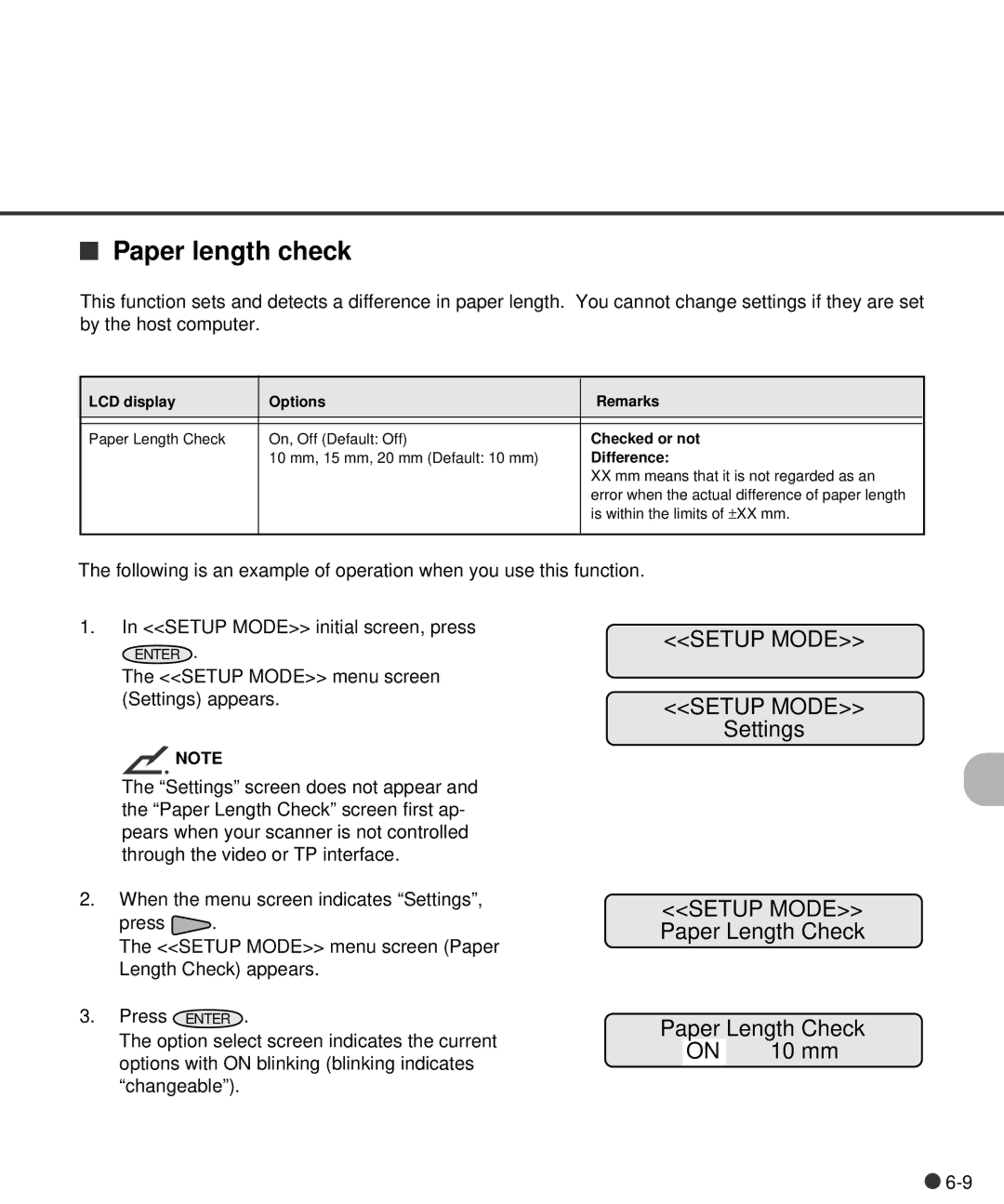 Fujitsu C150-E141-02EN manual Paper length check, Settings Setup Mode Paper Length Check, 10 mm 