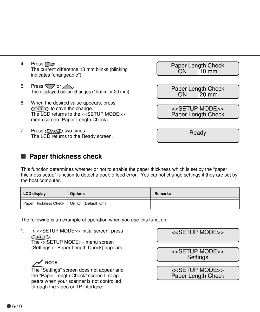 Fujitsu C150-E141-02EN manual Paper thickness check, Paper Length Check Setup Mode Paper Length Check Ready 