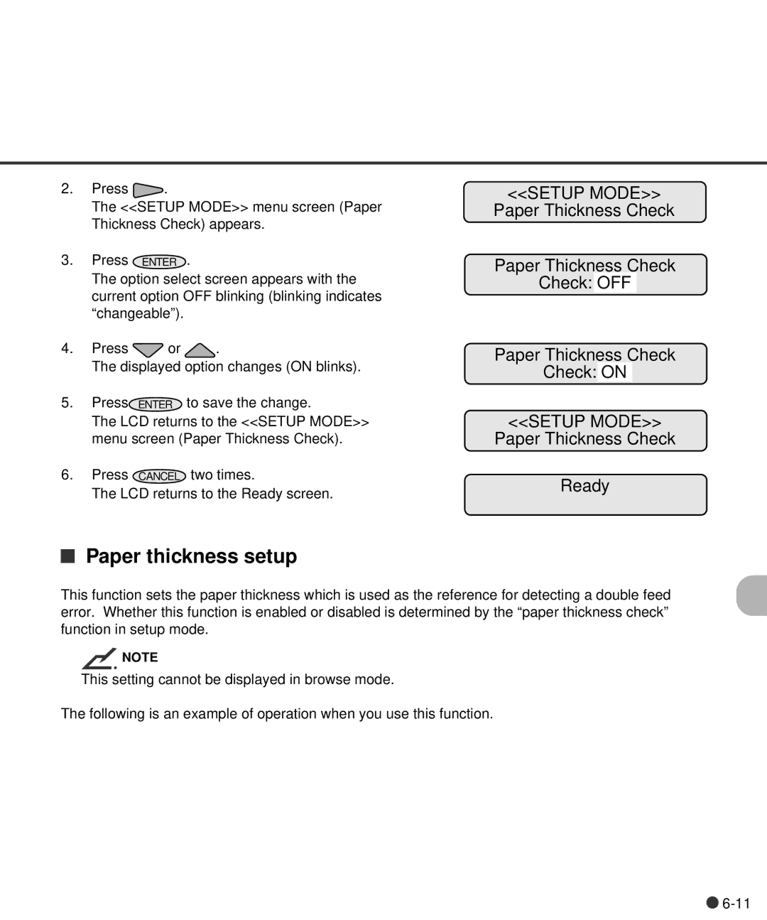 Fujitsu C150-E141-02EN manual Paper thickness setup, Paper Thickness Check Check OFF Check on, Paper Thickness Check Ready 