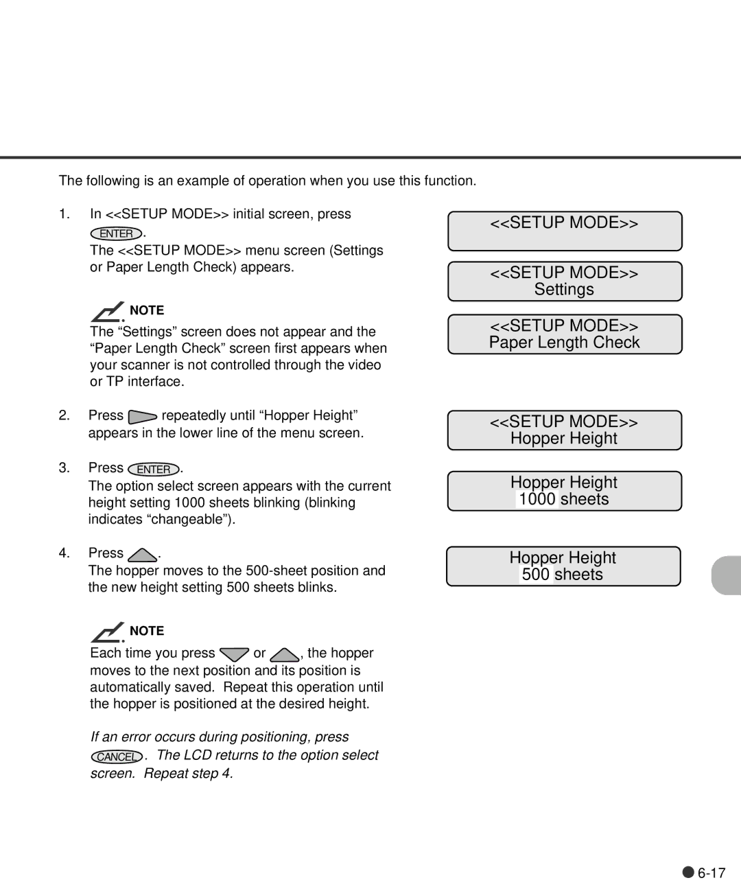 Fujitsu C150-E141-02EN manual Settings Setup Mode Paper Length Check, Hopper Height Sheets 