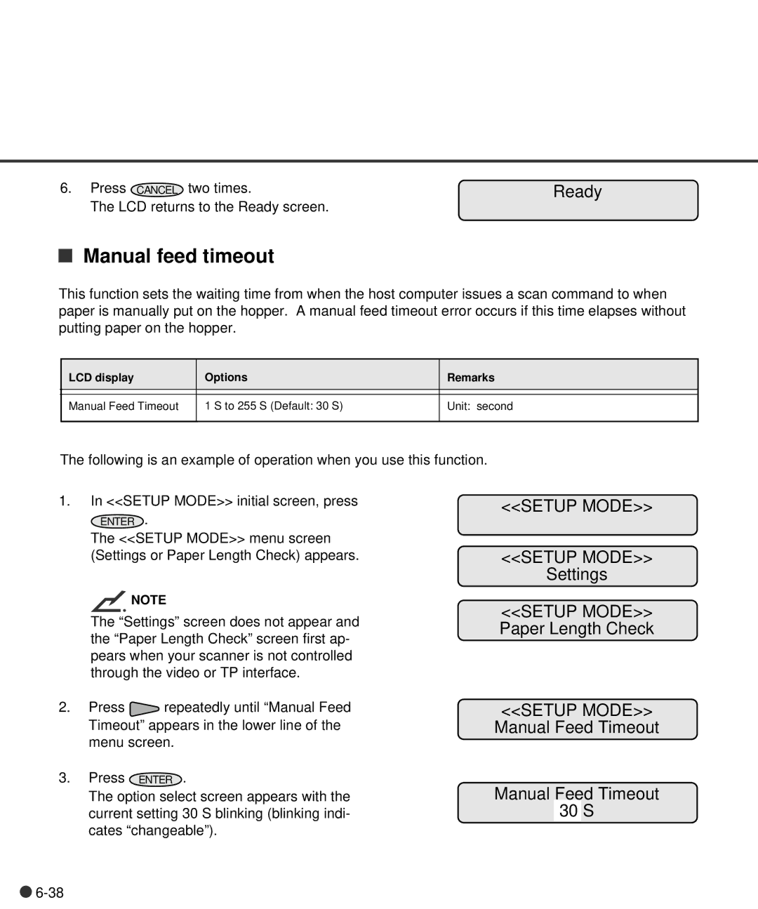 Fujitsu C150-E141-02EN manual Manual feed timeout, Setup Mode Manual Feed Timeout 30 S 