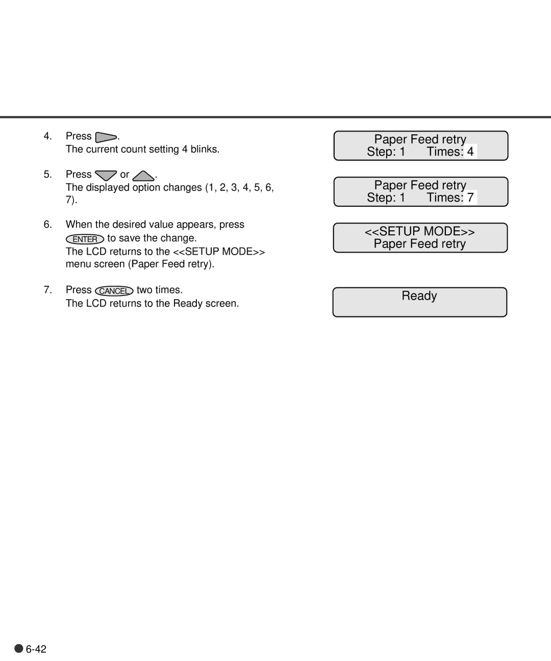 Fujitsu C150-E141-02EN manual Step Times Paper Feed retry, Paper Feed retry Ready 