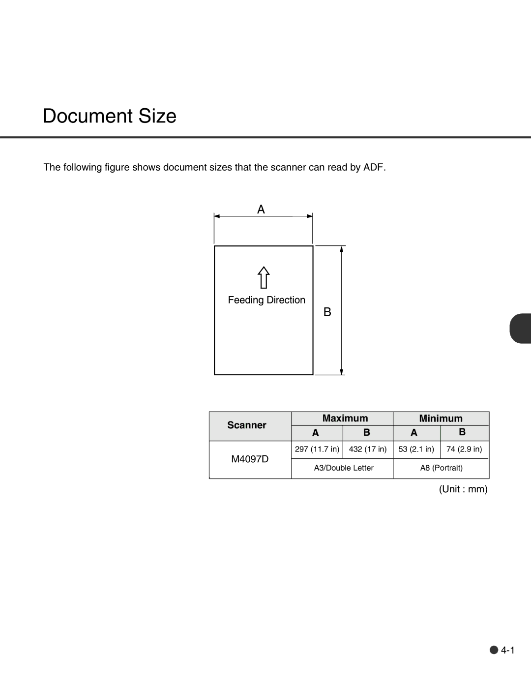 Fujitsu C150-E146-02EN manual Document Size, Scanner Maximum Minimum M4097D 