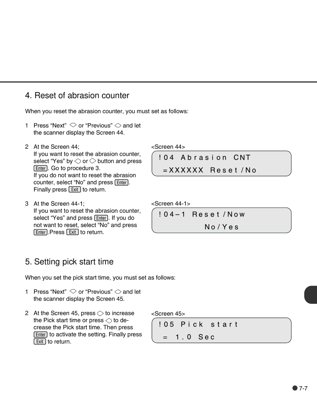 Fujitsu C150-E146-02EN manual Reset of abrasion counter, Setting pick start time 