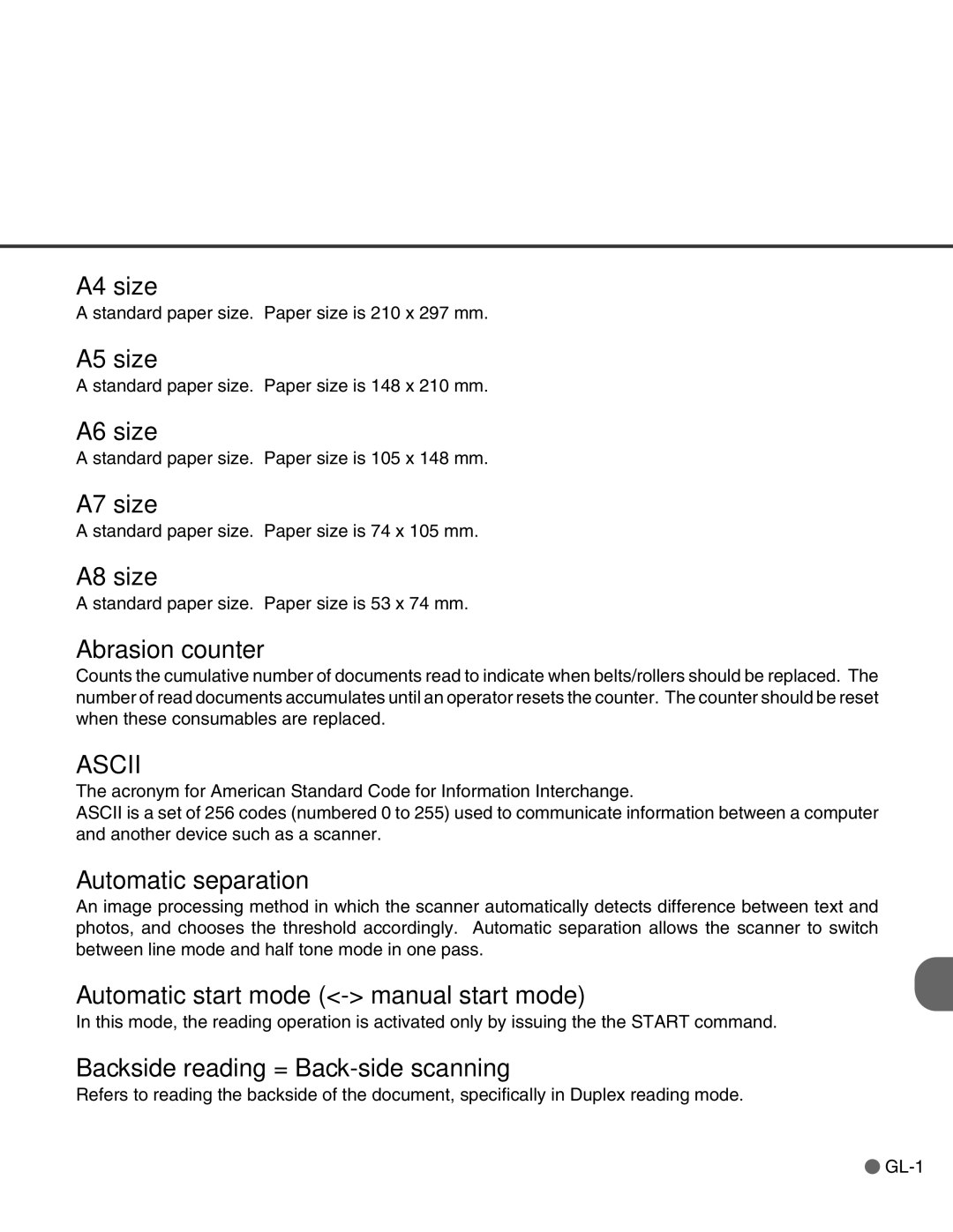 Fujitsu C150-E146-02EN manual A4 size, A5 size, A6 size, A7 size, A8 size, Abrasion counter, Automatic separation 