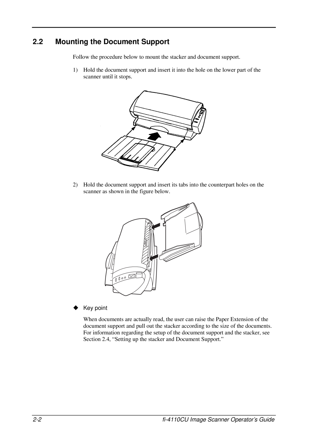 Fujitsu C150-E194-01EN manual Mounting the Document Support, fi-4110CU Image Scanner Operator’s Guide 