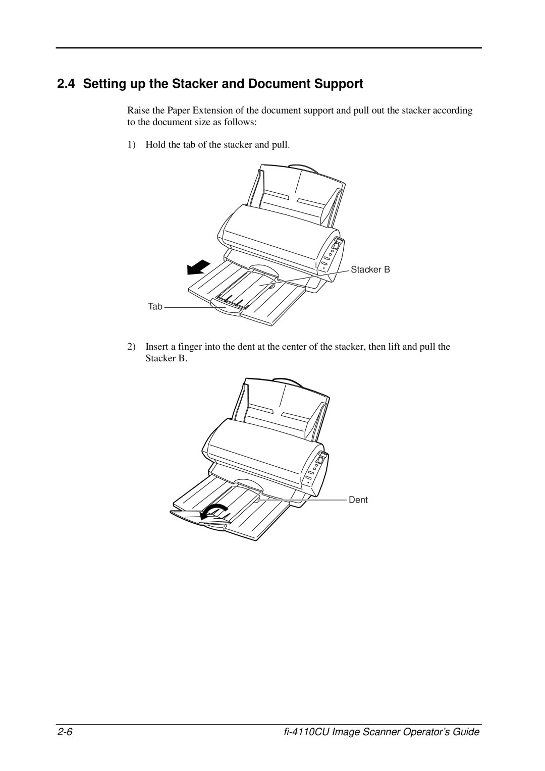 Fujitsu C150-E194-01EN manual Setting up the Stacker and Document Support, fi-4110CU Image Scanner Operator’s Guide 