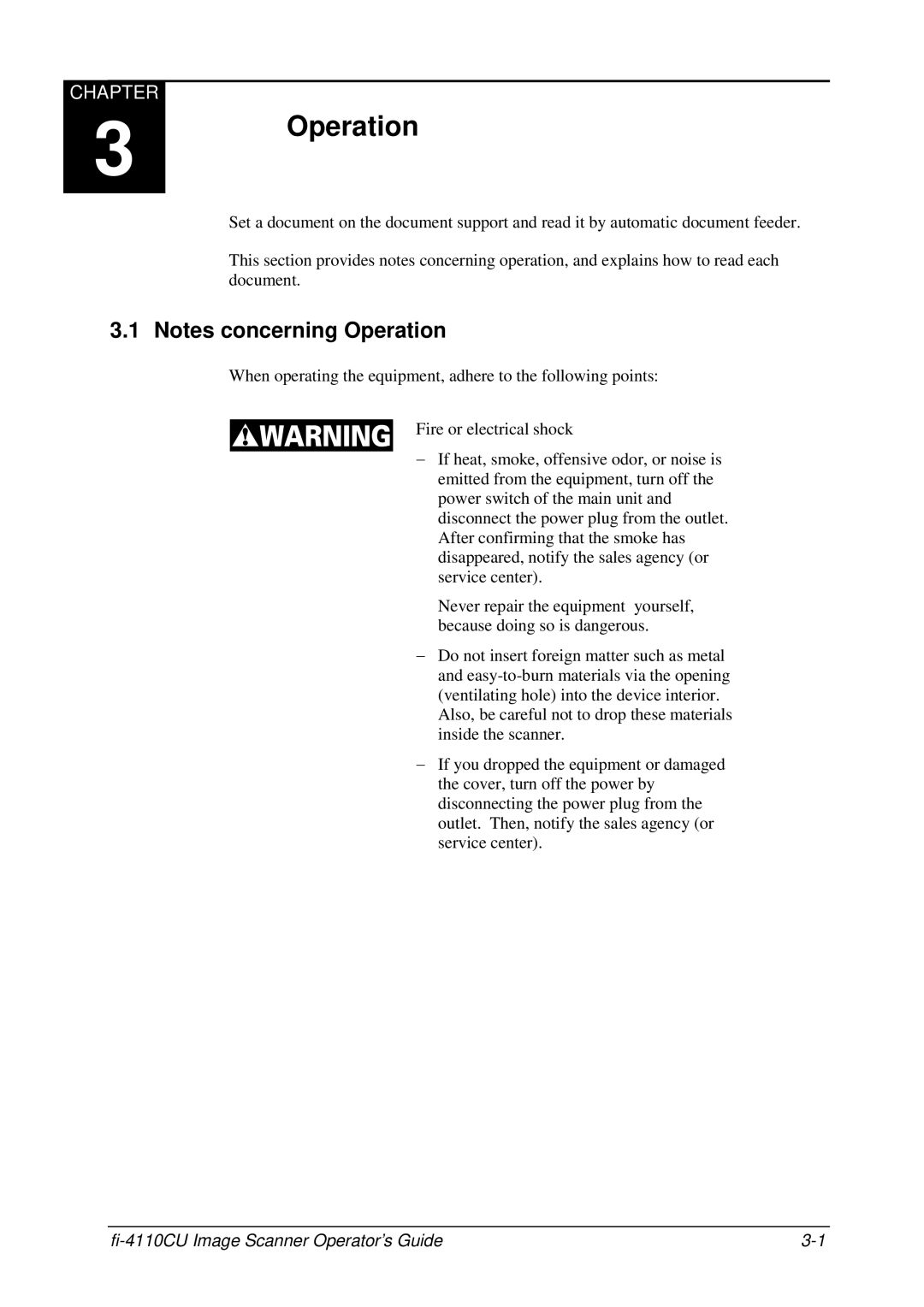 Fujitsu C150-E194-01EN manual Notes concerning Operation, Chapter, fi-4110CU Image Scanner Operator’s Guide 