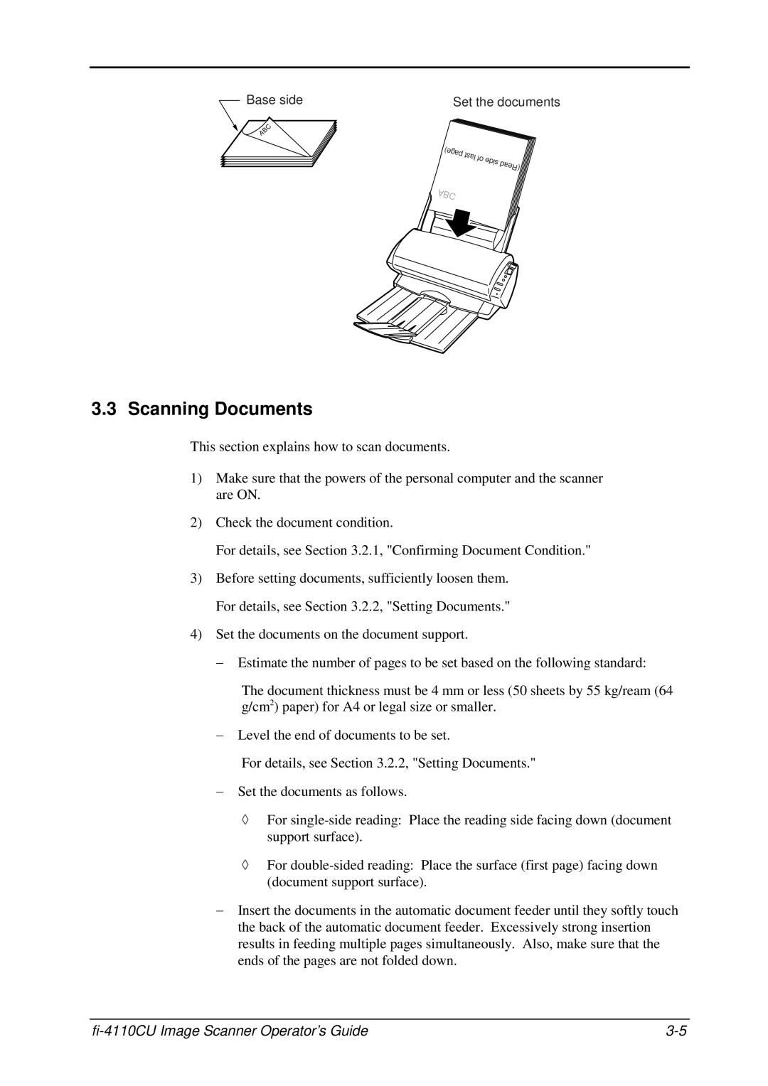 Fujitsu C150-E194-01EN manual Scanning Documents, fi-4110CU Image Scanner Operator’s Guide, Base side, Set the documents 