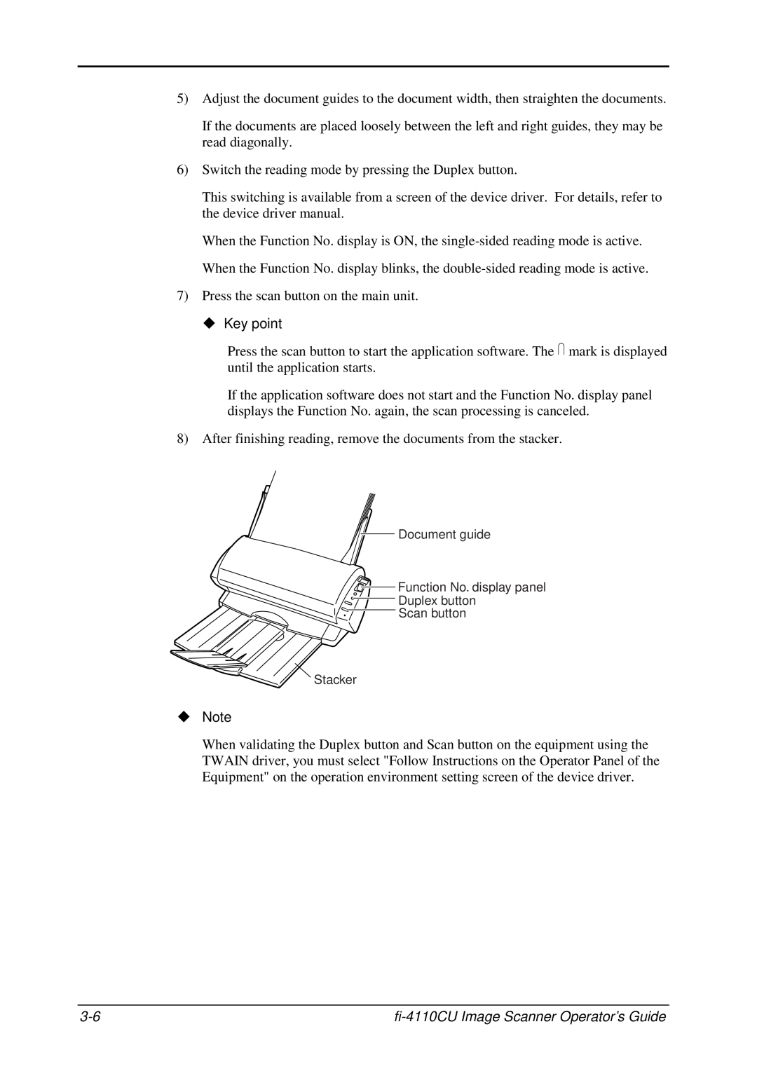 Fujitsu C150-E194-01EN Switch the reading mode by pressing the Duplex button, fi-4110CU Image Scanner Operator’s Guide 