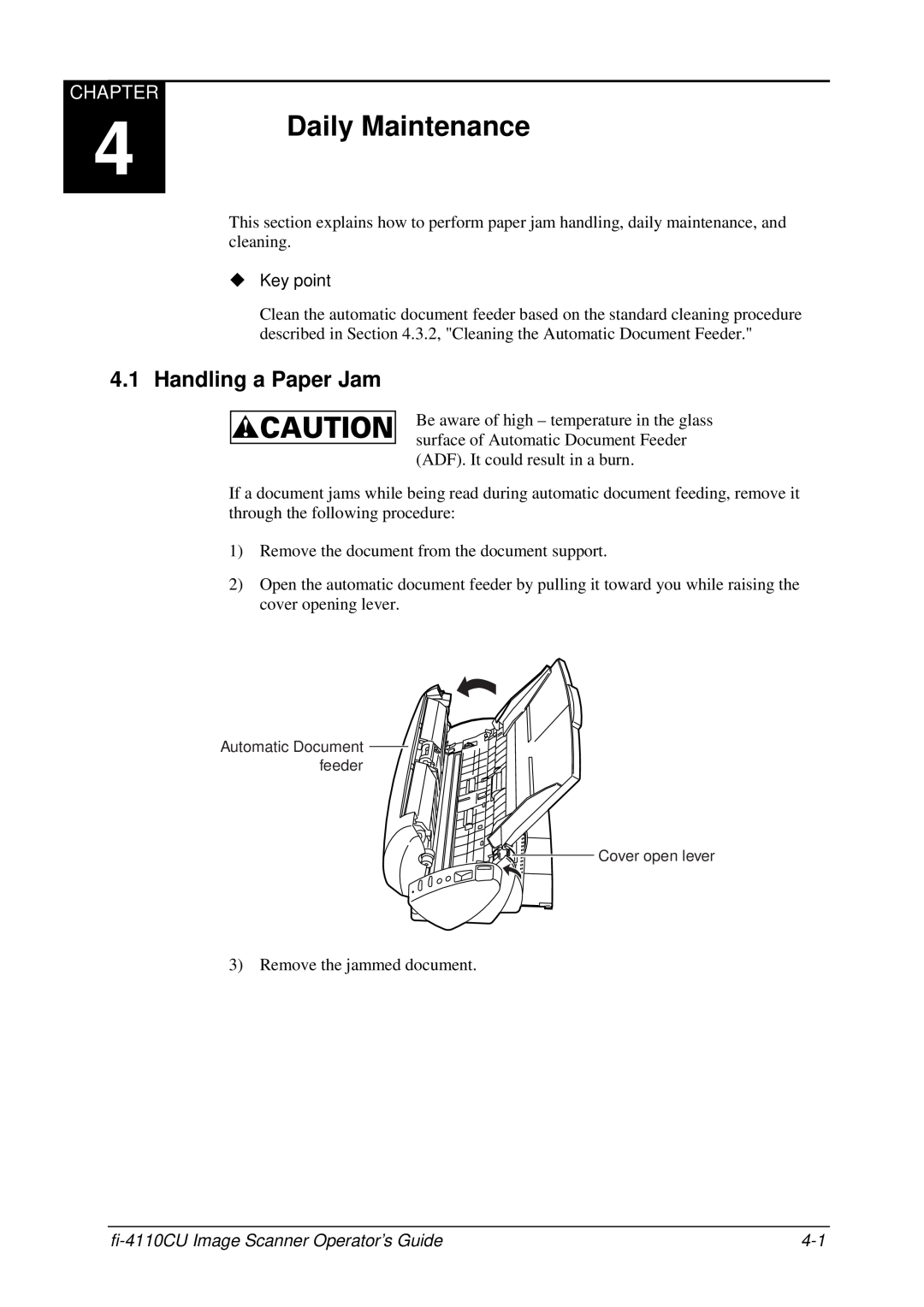 Fujitsu C150-E194-01EN manual Daily Maintenance, Handling a Paper Jam, Chapter, fi-4110CU Image Scanner Operator’s Guide 
