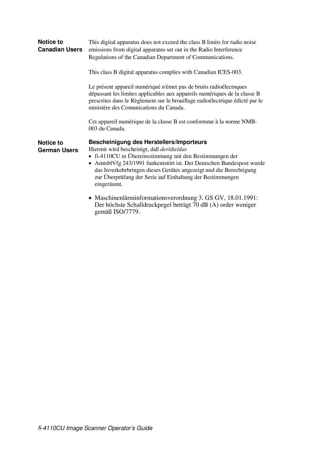Fujitsu C150-E194-01EN manual Notice to Canadian Users Notice to German Users, Bescheinigung des Herstellers/Importeurs 
