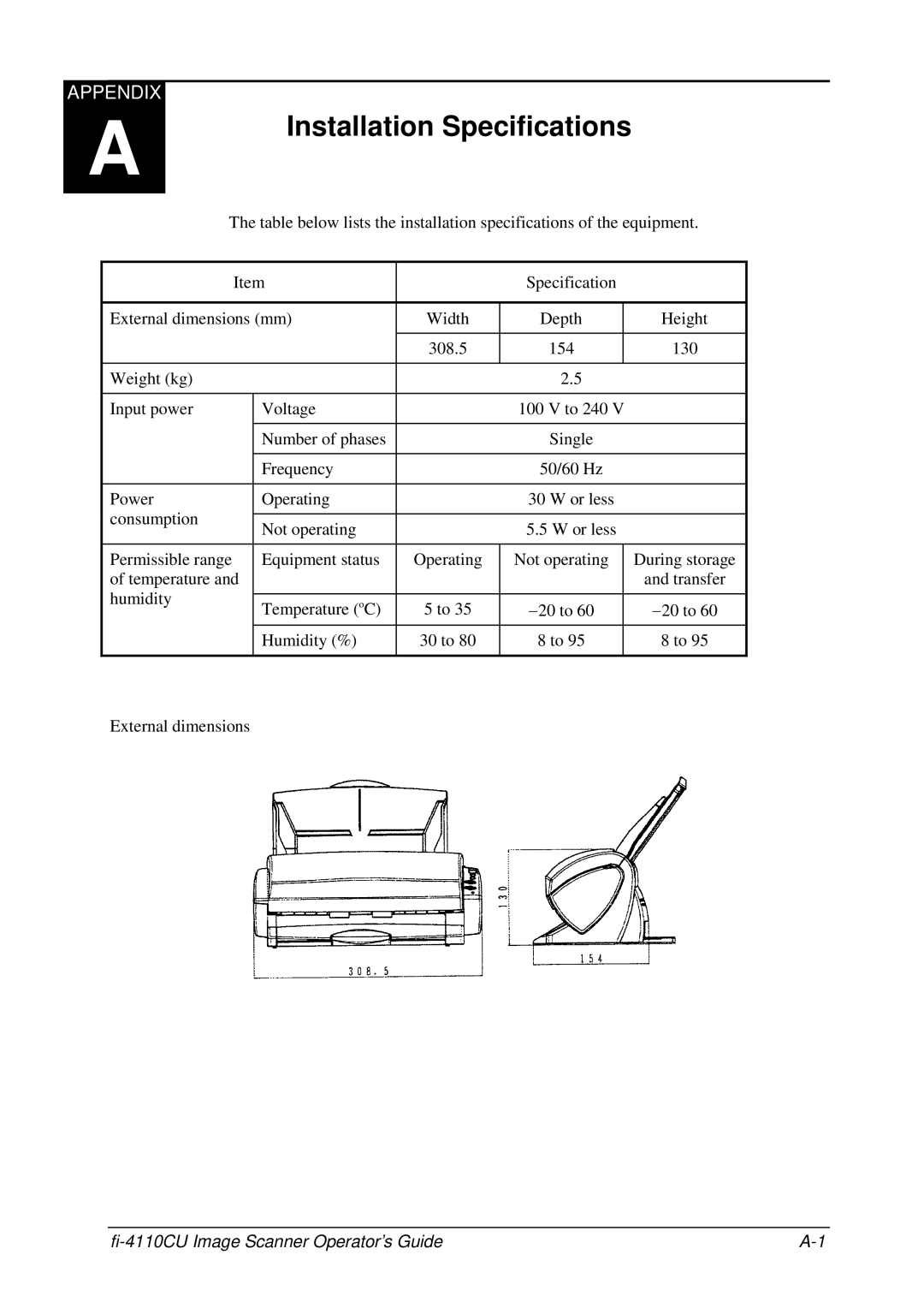 Fujitsu C150-E194-01EN manual Installation Specifications, Appendix, fi-4110CU Image Scanner Operator’s Guide 