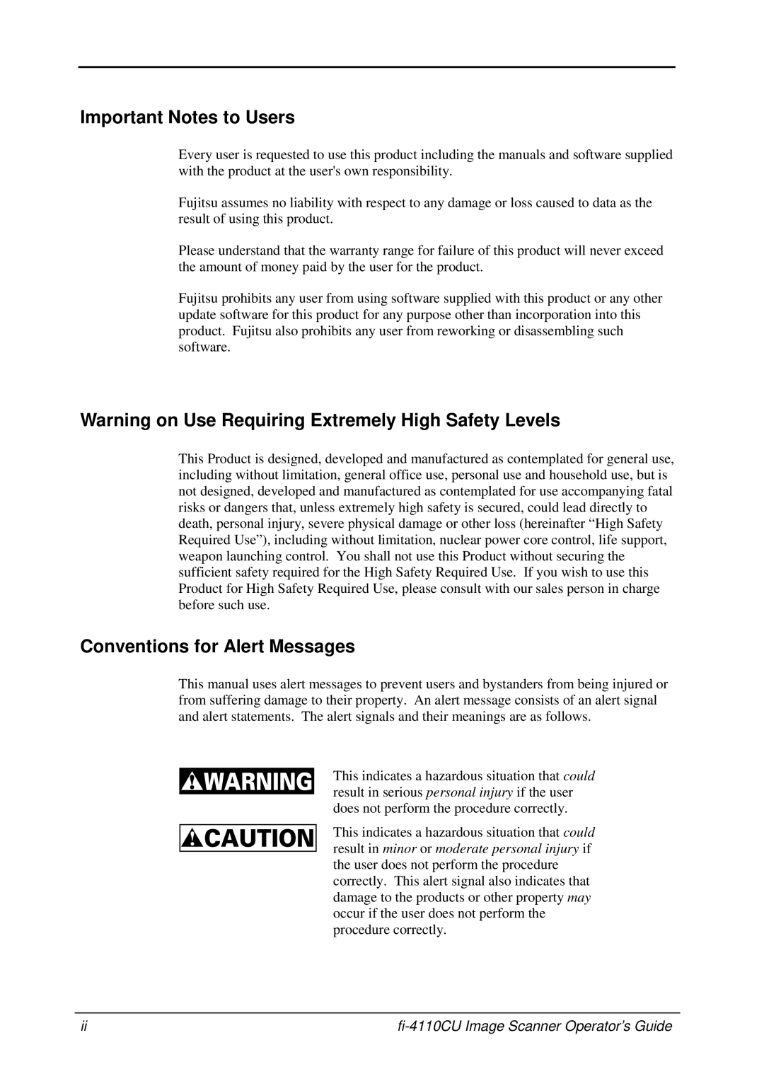 Fujitsu C150-E194-01EN manual Important Notes to Users, Warning on Use Requiring Extremely High Safety Levels 