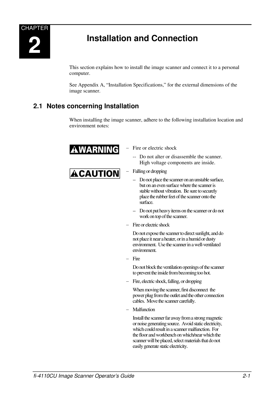 Fujitsu C150-E194-01EN manual Installation and Connection, Fire, electric shock, falling, or dropping 