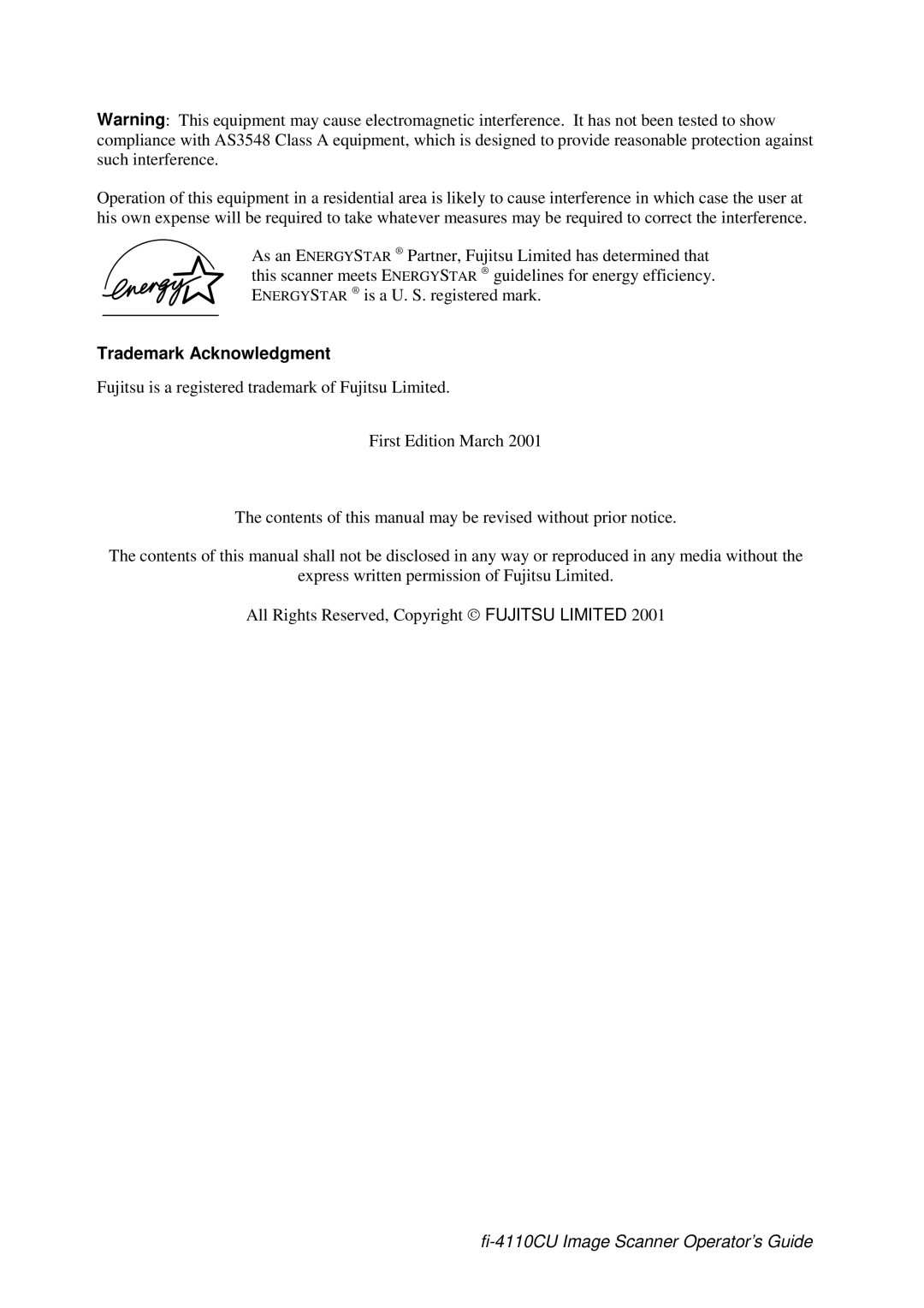 Fujitsu C150-E194-01EN manual Trademark Acknowledgment 