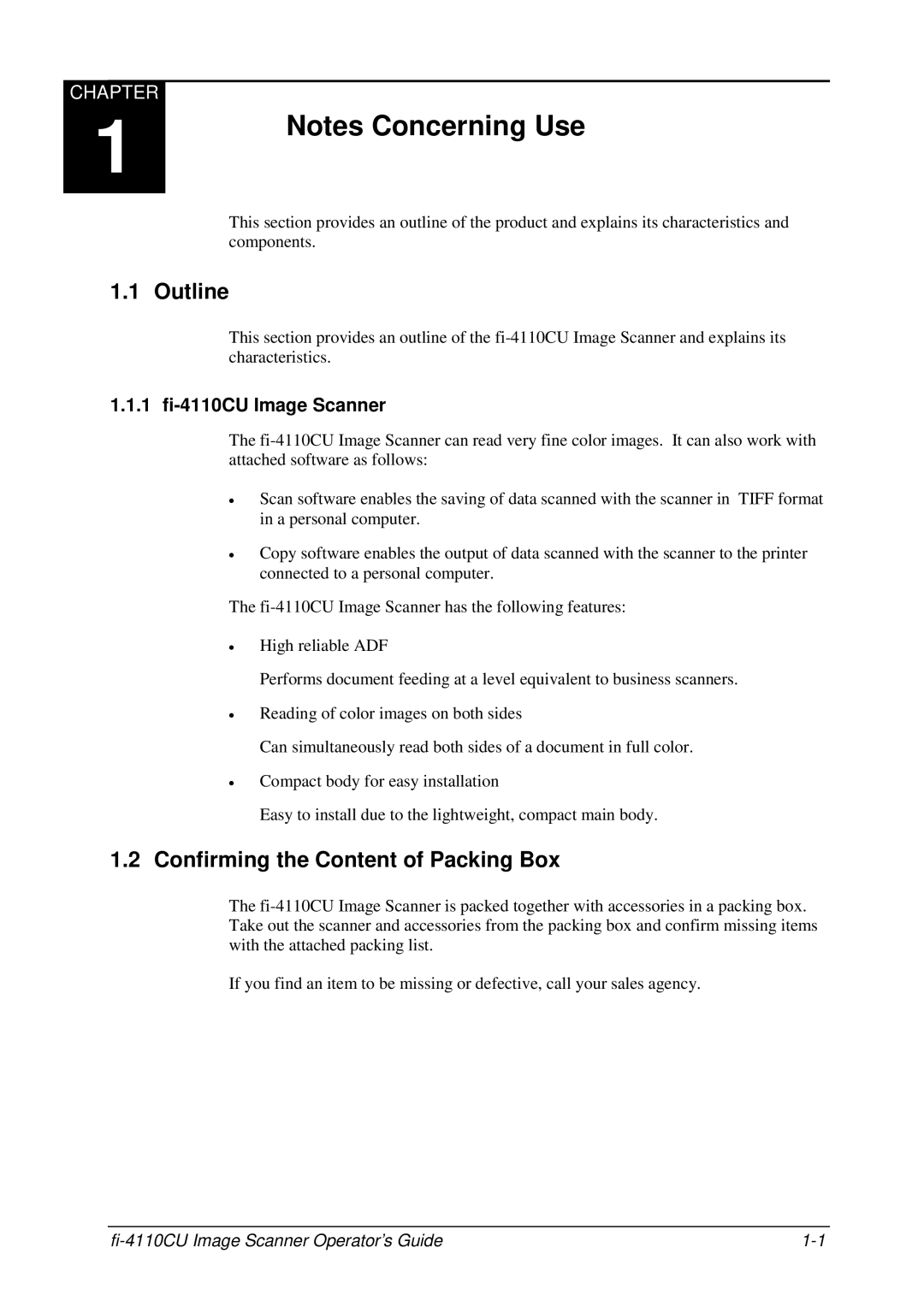 Fujitsu C150-E194-01EN manual Outline, Confirming the Content of Packing Box, 1 fi-4110CU Image Scanner 