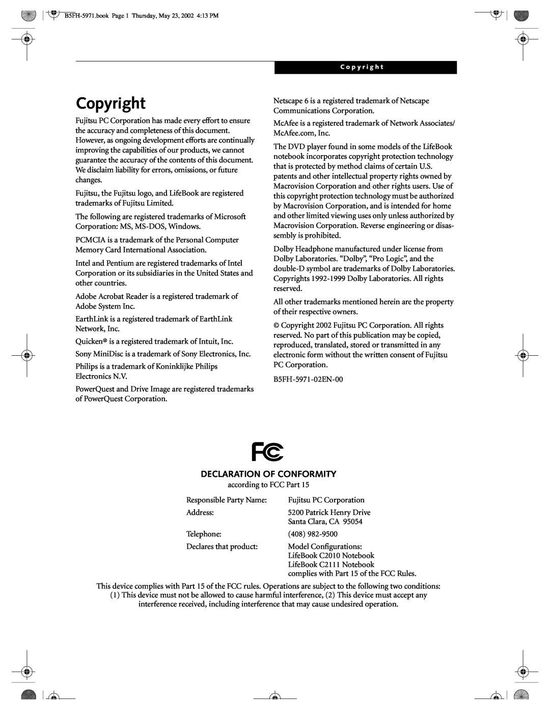 Fujitsu C2010, C2111 manual Copyright, Declaration Of Conformity 