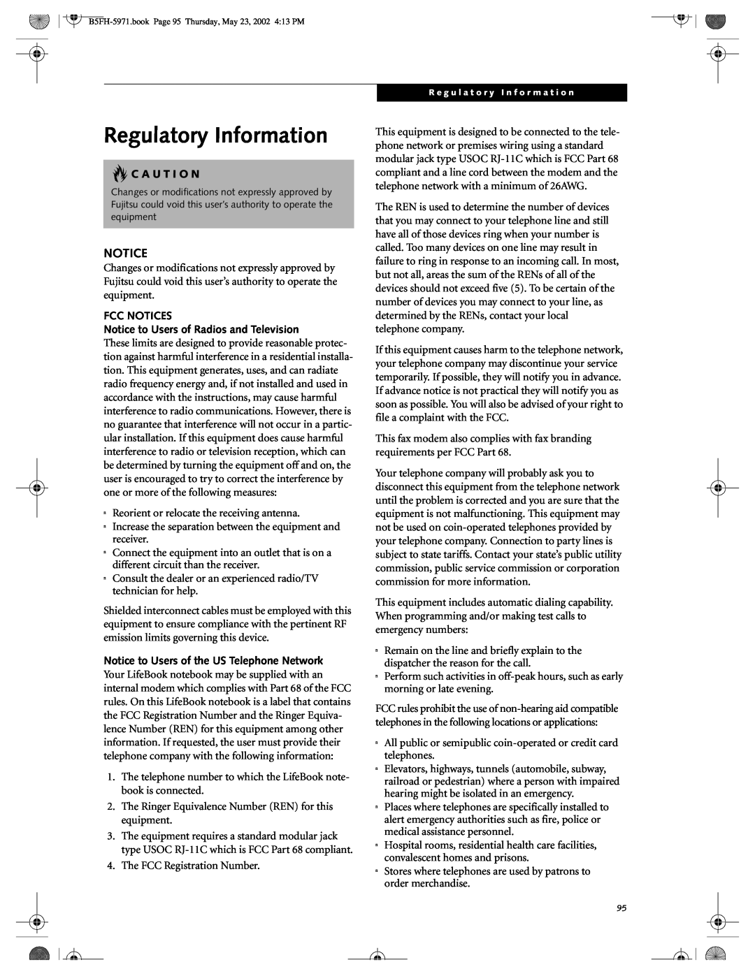 Fujitsu C2010, C2111 manual Regulatory Information, C A U T I O N, FCC NOTICES Notice to Users of Radios and Television 