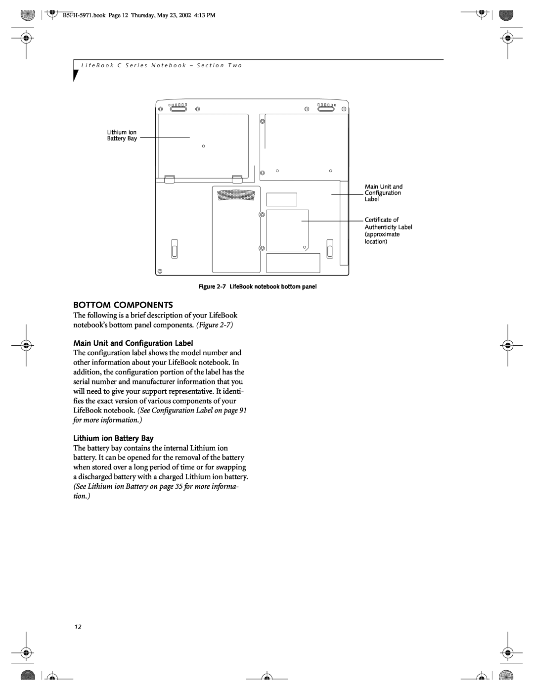 Fujitsu C2111, C2010 manual Bottom Components, Main Unit and Configuration Label, Lithium ion Battery Bay 