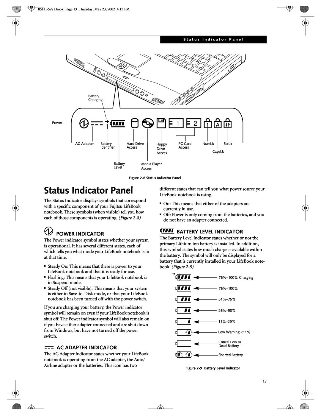 Fujitsu C2010, C2111 manual Status Indicator Panel, Power Indicator, Ac Adapter Indicator, Battery Level Indicator 