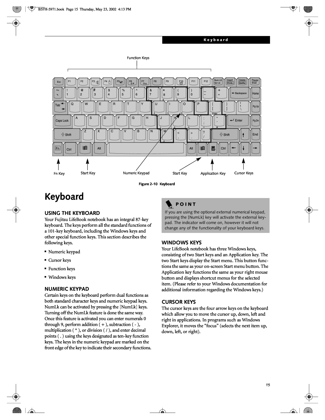 Fujitsu C2010, C2111 manual Using The Keyboard, Numeric Keypad, Windows Keys, Cursor Keys, P O I N T 